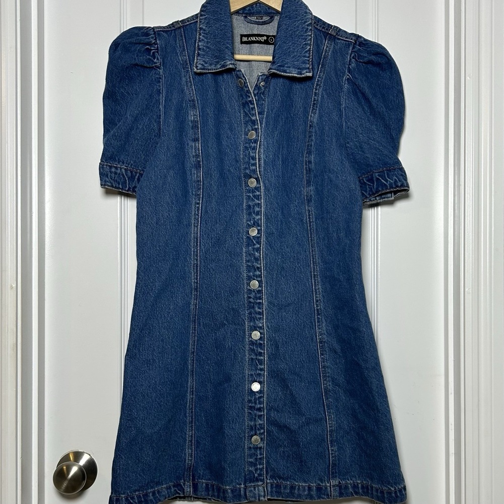 Blank NYC 100% Cotton Medium Wash Walk in The Park Puff Sleeve Denim Mini Dress